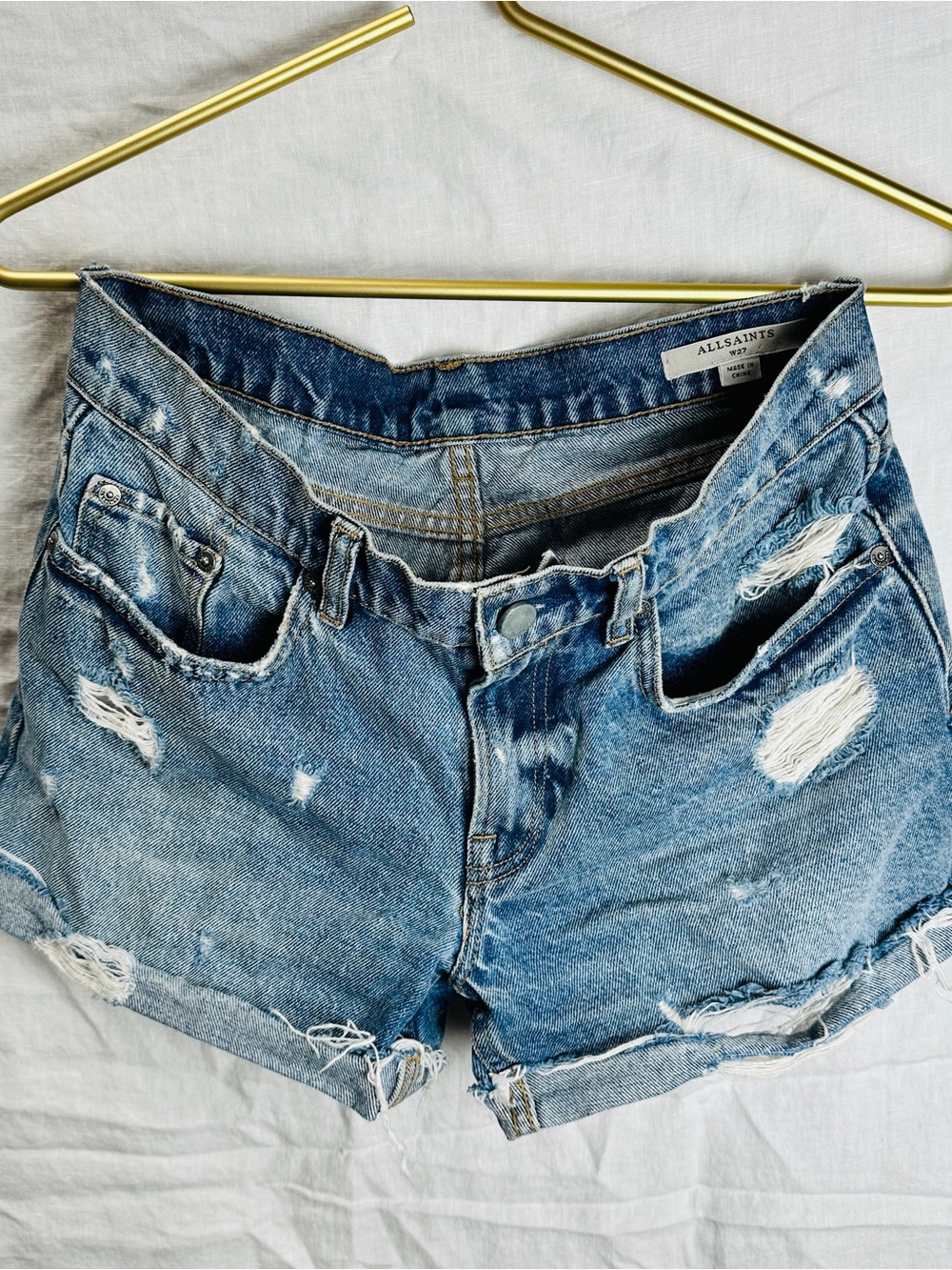 All Saints Light Blue Distressed Denim Shorts